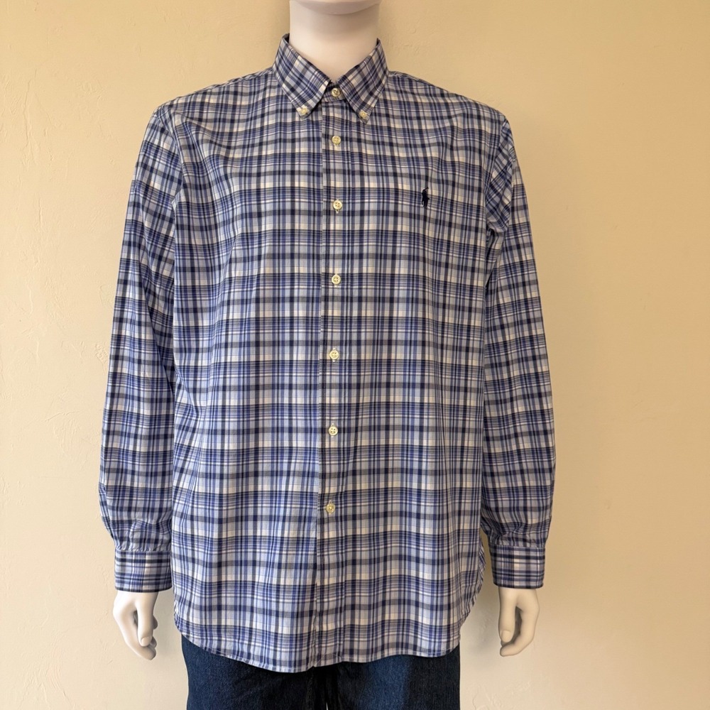 Ralph Lauren Mens XL/TG Blue White Plaid Button Down Shirt Long Sleeve Pony Logo